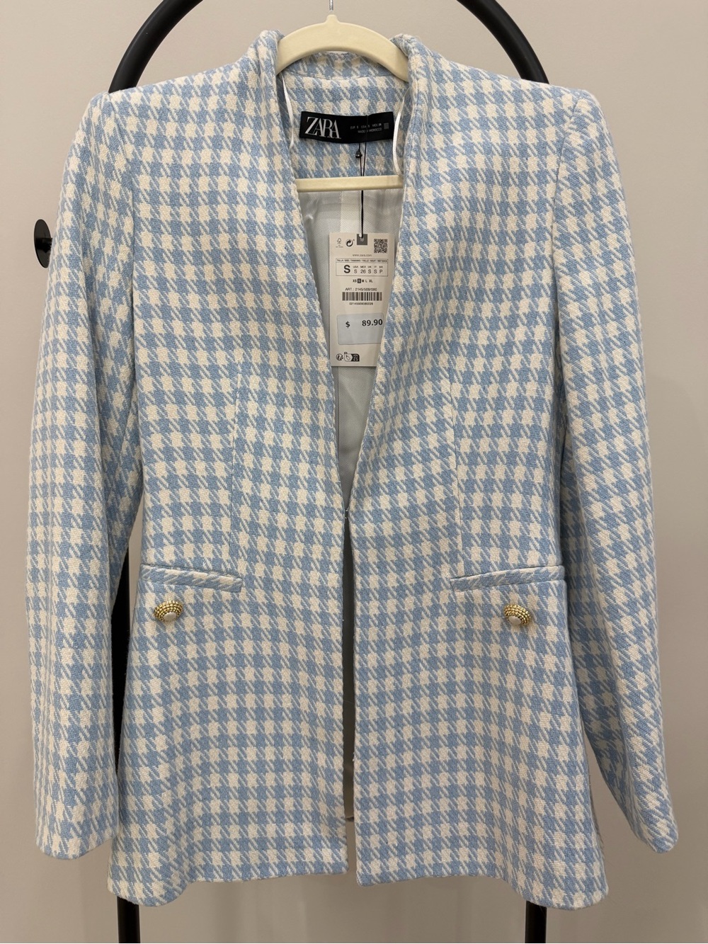 Zara Light Blue & White Houndstooth Blazer with Gold-Tone Buttons